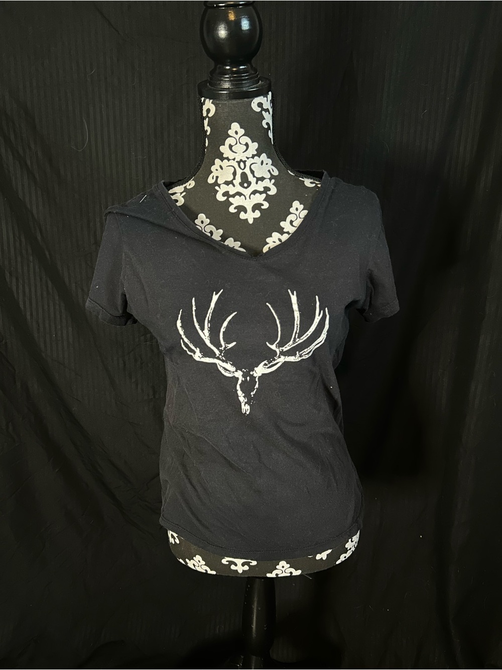 Women’s Black V-Neck Tee with White Antler Graphic